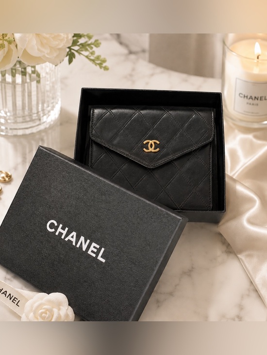 CHANEL Handbags - Chanel Black Vintage quilted Compact Wallet with Gold Logo (COA) included!